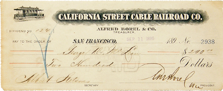 California Street Cable Railroad Co., dividend check, 1895
